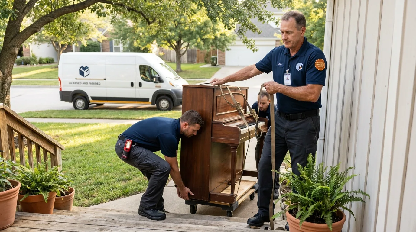 Licensed piano movers securing grand piano in West Springfield, MA