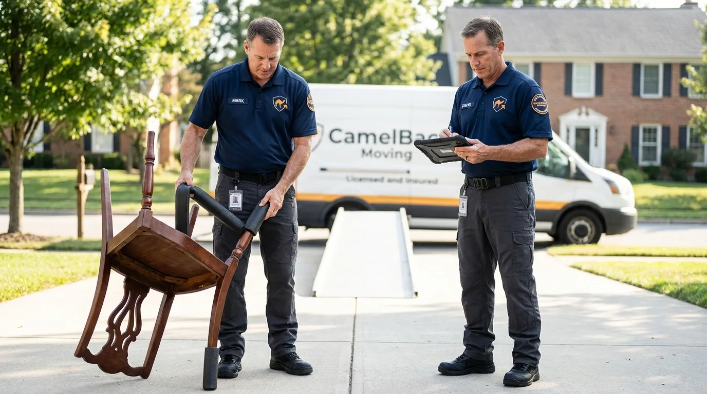Movers inspecting furniture for damage prevention before loading in West Springfield, MA