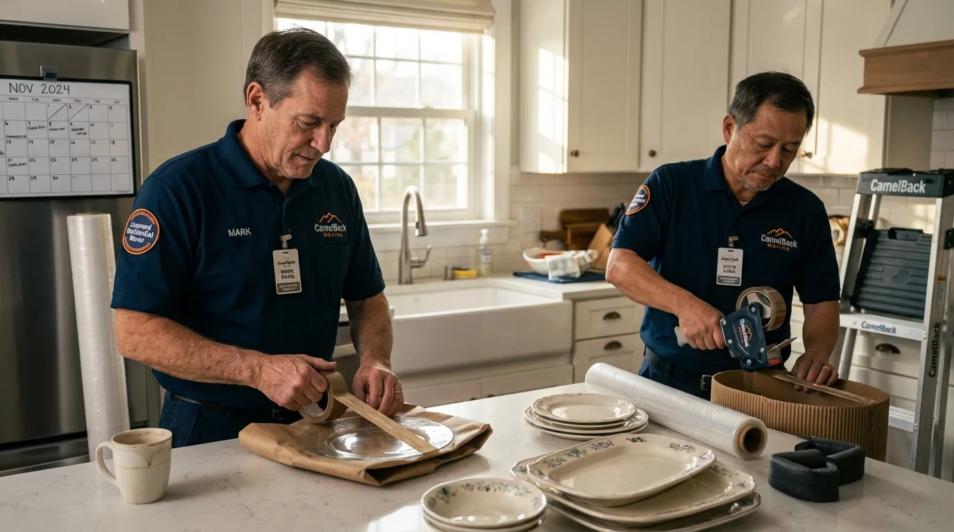 Professional crew packing kitchen dishware in West Springfield, MA